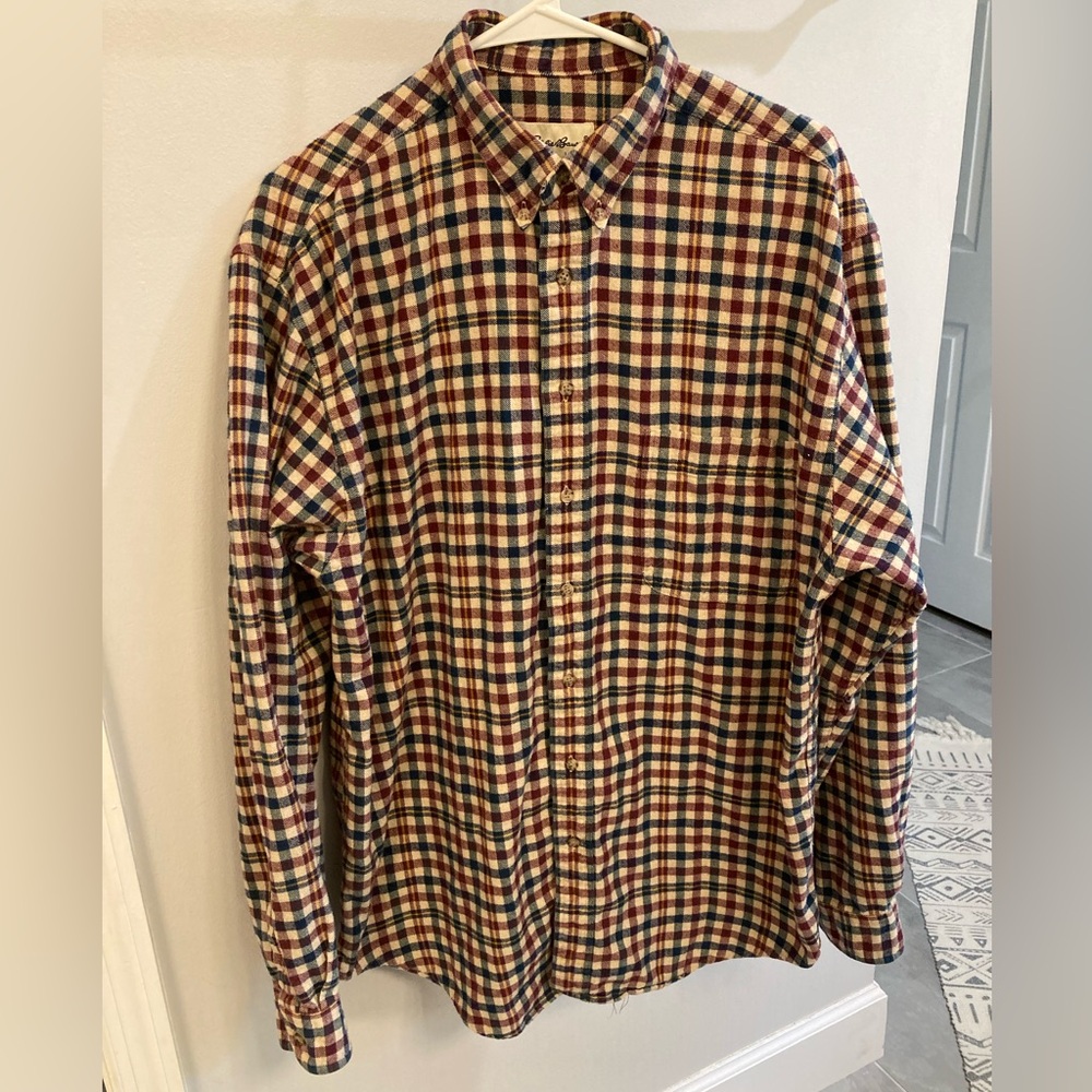 Eddie Bauer Mens XL Tall Maroon Navy Tan Plaid Long Sleeve Button Up Flannel